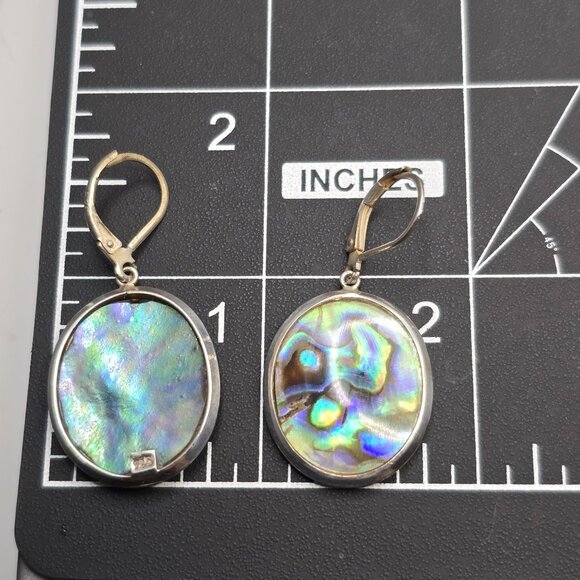 VTG 925 Sterling Silver Abalone Dangle Earrings 1.5" Paua Shell Leverback - Picture 5 of 5